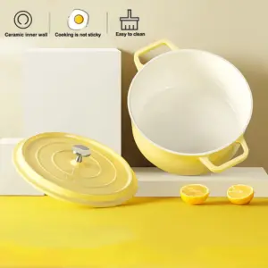 enameled cast iron dutch oven with lid in yellow